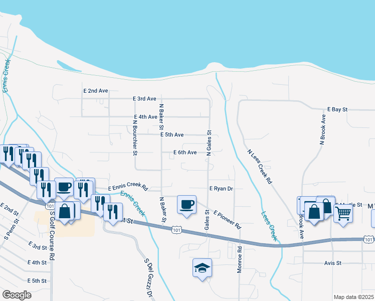 map of restaurants, bars, coffee shops, grocery stores, and more near 2334 East 6th Avenue in Port Angeles
