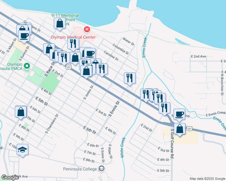 map of restaurants, bars, coffee shops, grocery stores, and more near 1320 East 1st Street in Port Angeles
