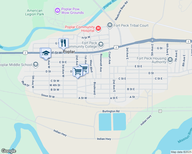 map of restaurants, bars, coffee shops, grocery stores, and more near Boulevard in Poplar