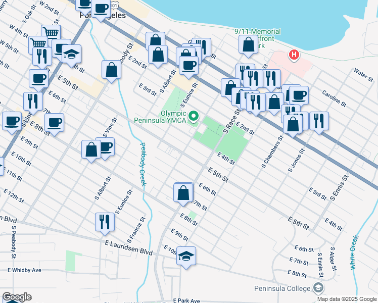 map of restaurants, bars, coffee shops, grocery stores, and more near 802 E 4th St in Port Angeles