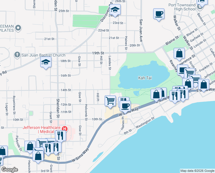 map of restaurants, bars, coffee shops, grocery stores, and more near 1421 Landes Street in Port Townsend