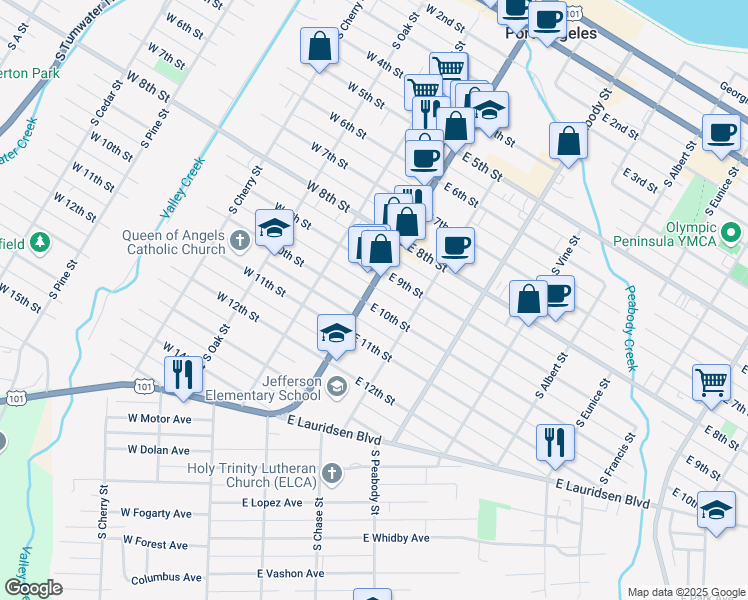 map of restaurants, bars, coffee shops, grocery stores, and more near 901 South Lincoln Street in Port Angeles