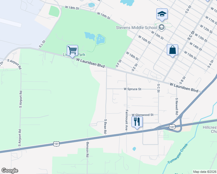 map of restaurants, bars, coffee shops, grocery stores, and more near 3905 South Bean Road in Port Angeles