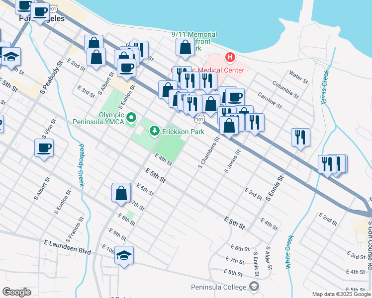 map of restaurants, bars, coffee shops, grocery stores, and more near 275 South Washington Street in Port Angeles