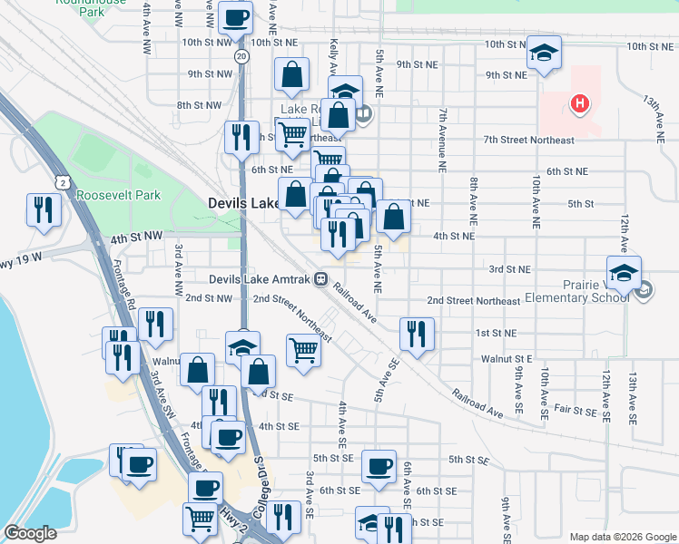 map of restaurants, bars, coffee shops, grocery stores, and more near 201 4th Avenue Northeast in Devils Lake