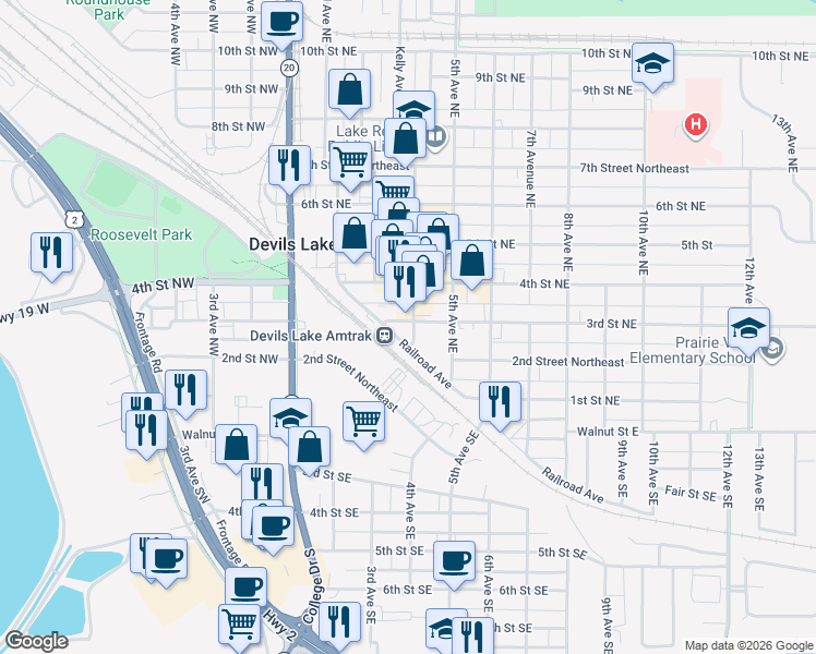 map of restaurants, bars, coffee shops, grocery stores, and more near 223 4th Avenue Northeast in Devils Lake