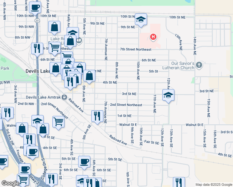 map of restaurants, bars, coffee shops, grocery stores, and more near 301 8th Avenue Northeast in Devils Lake