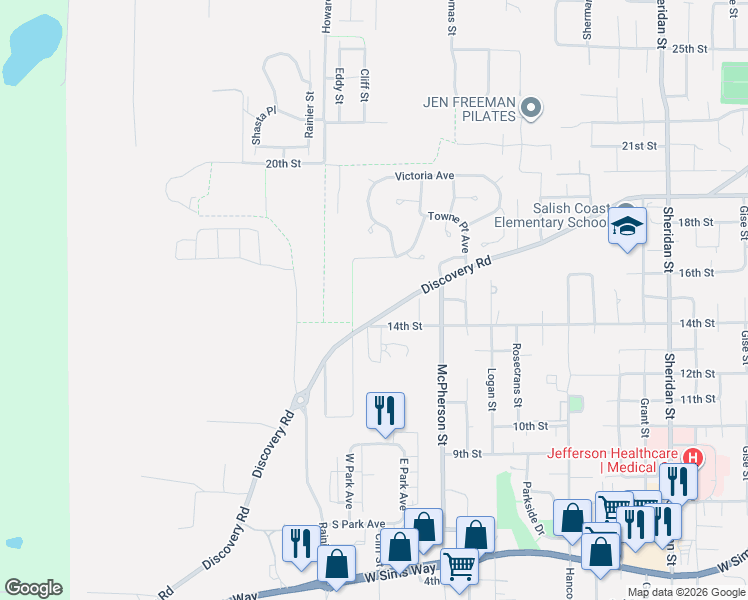 map of restaurants, bars, coffee shops, grocery stores, and more near 2302 Discovery Road in Port Townsend