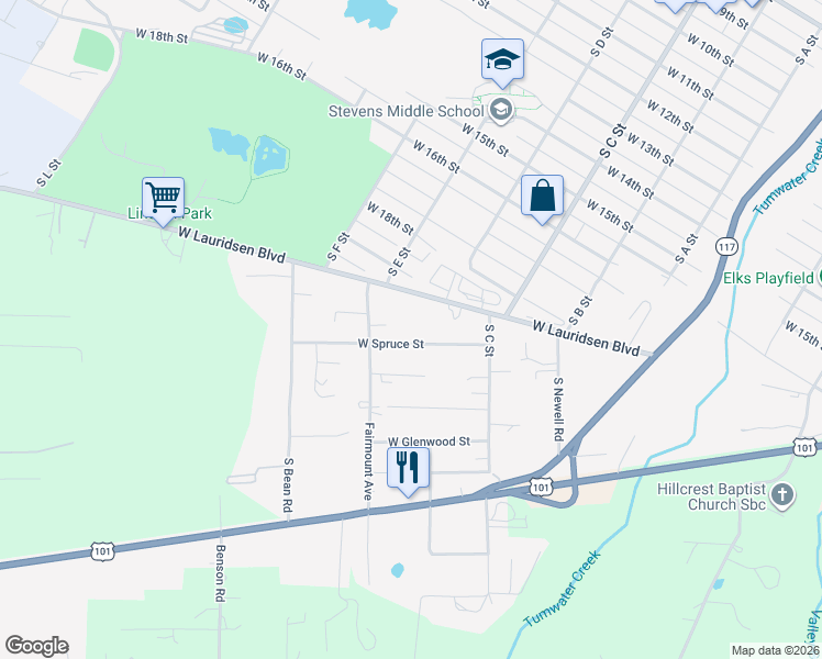 map of restaurants, bars, coffee shops, grocery stores, and more near 1111 West Spruce Street in Port Angeles