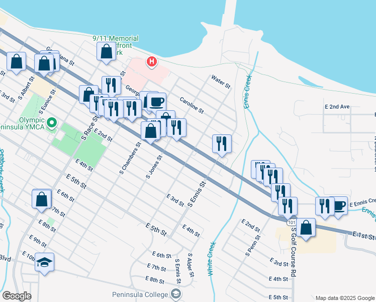 map of restaurants, bars, coffee shops, grocery stores, and more near 1234 East Front Street in Port Angeles