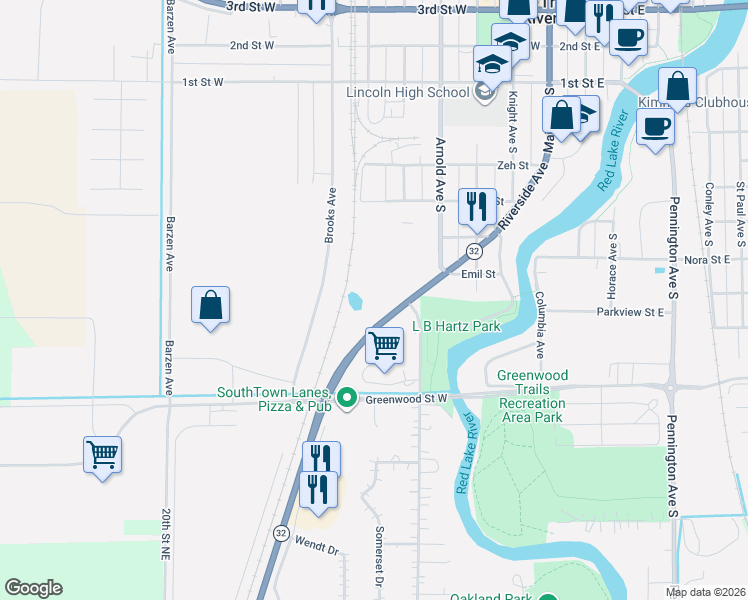 map of restaurants, bars, coffee shops, grocery stores, and more near 700 Minnesota 32 in Thief River Falls