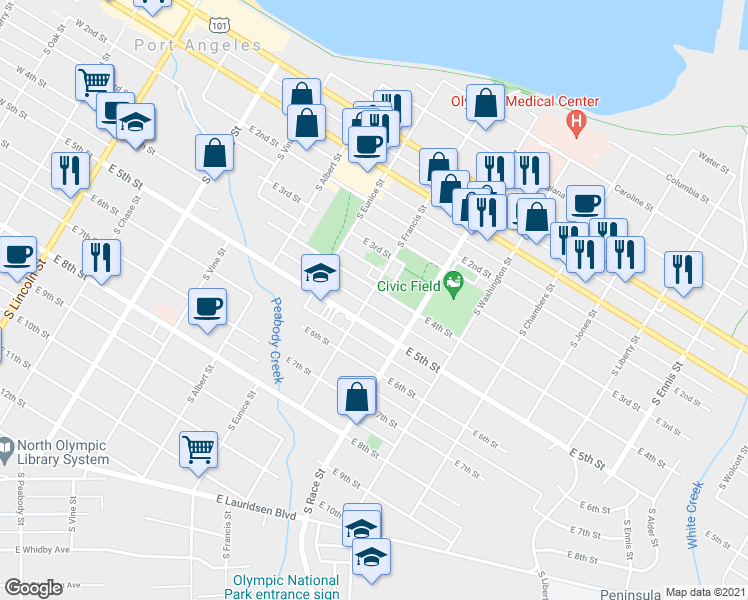 map of restaurants, bars, coffee shops, grocery stores, and more near 802 East 4th Street in Port Angeles
