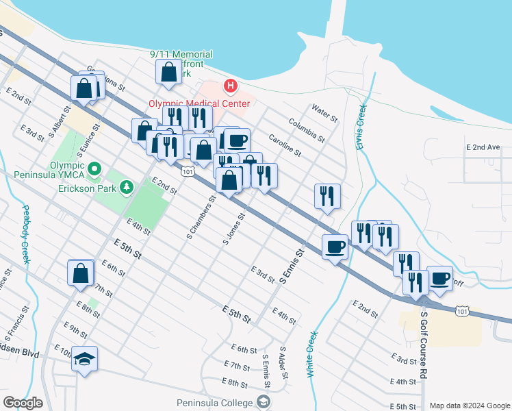 map of restaurants, bars, coffee shops, grocery stores, and more near 1203 East 1st Street in Port Angeles