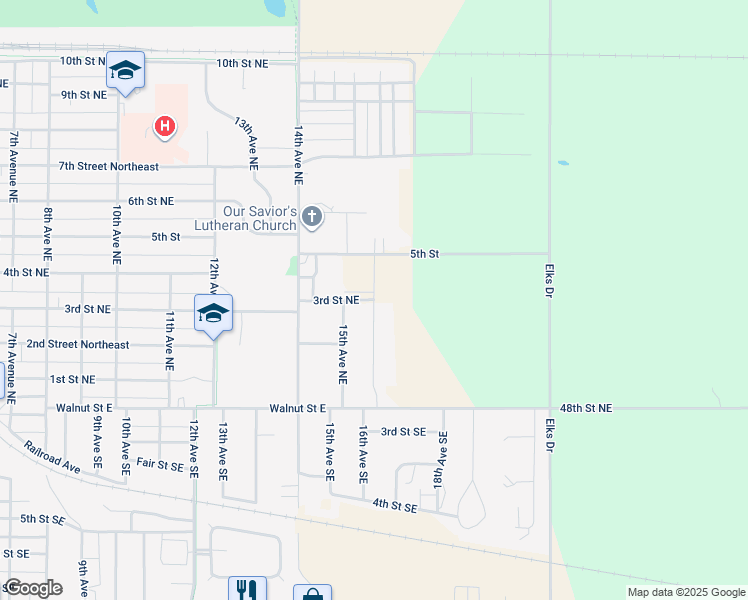map of restaurants, bars, coffee shops, grocery stores, and more near 316 16th Avenue Northeast in Devils Lake