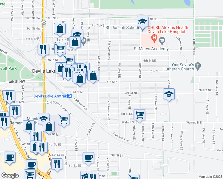 map of restaurants, bars, coffee shops, grocery stores, and more near 302 7th Avenue Northeast in Devils Lake