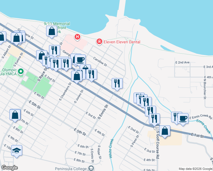 map of restaurants, bars, coffee shops, grocery stores, and more near 1318 Georgiana Street in Port Angeles