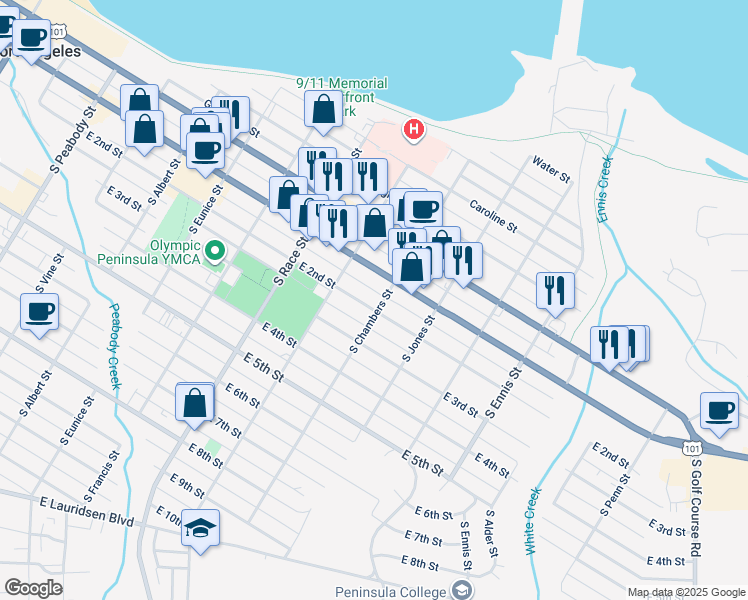 map of restaurants, bars, coffee shops, grocery stores, and more near 1108 East 1st Street in Port Angeles