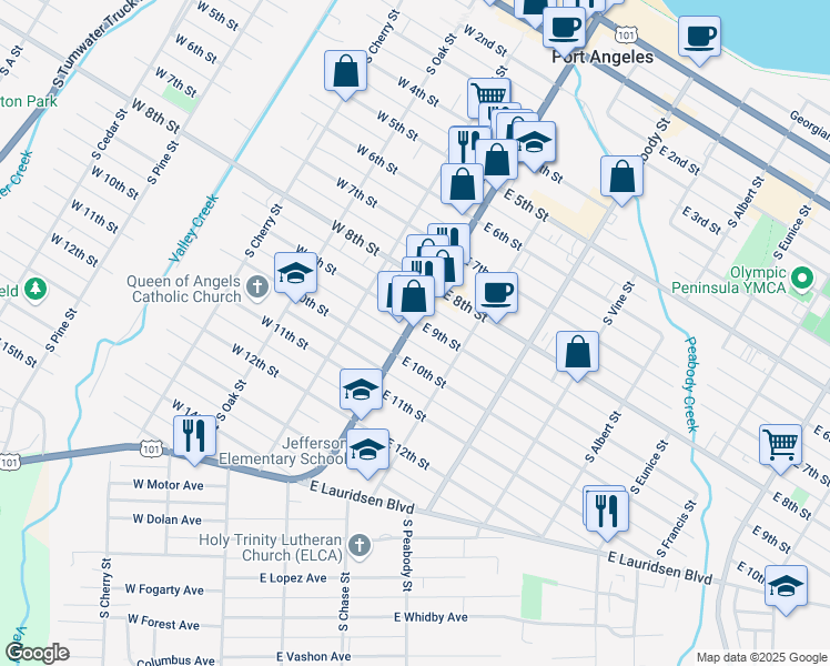 map of restaurants, bars, coffee shops, grocery stores, and more near 901 South Lincoln Street in Port Angeles