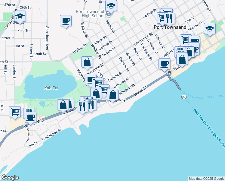 map of restaurants, bars, coffee shops, grocery stores, and more near 1941 Jefferson Street in Port Townsend