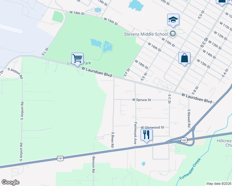 map of restaurants, bars, coffee shops, grocery stores, and more near 3905 South Bean Road in Port Angeles