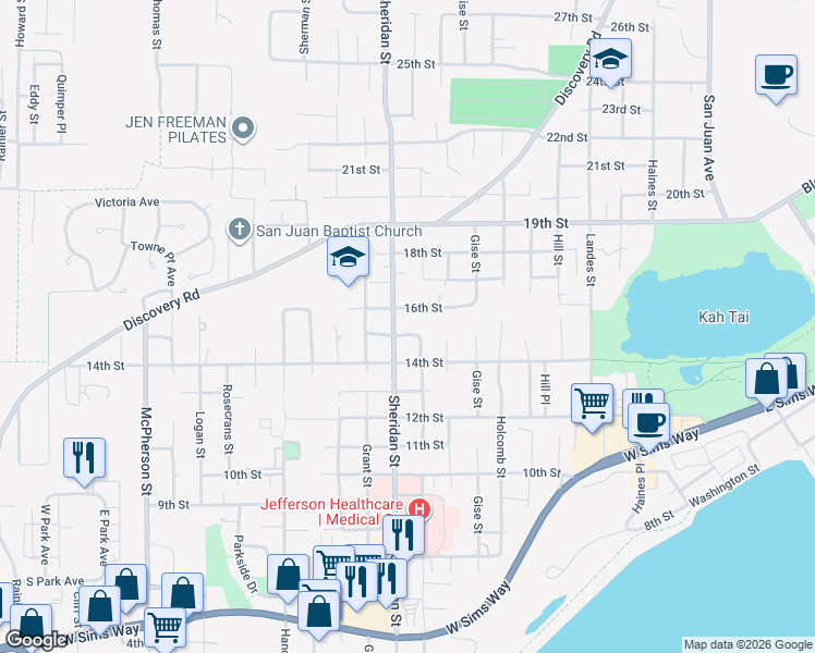 map of restaurants, bars, coffee shops, grocery stores, and more near 1510 Sheridan Street in Port Townsend