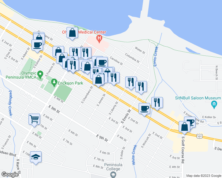 map of restaurants, bars, coffee shops, grocery stores, and more near 1203 East 1st Street in Port Angeles