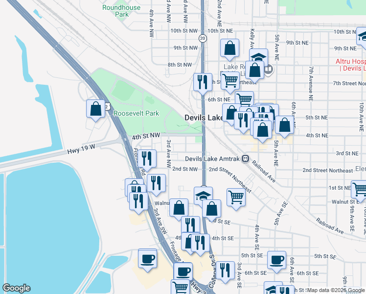 map of restaurants, bars, coffee shops, grocery stores, and more near 300 2nd Avenue Northwest in Devils Lake