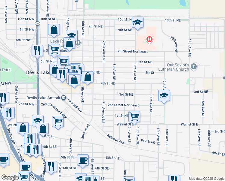 map of restaurants, bars, coffee shops, grocery stores, and more near 301-345 8th Avenue Northeast in Devils Lake