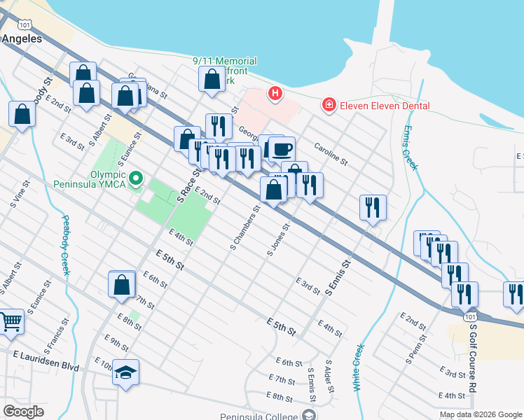 map of restaurants, bars, coffee shops, grocery stores, and more near 1108 East 1st Street in Port Angeles