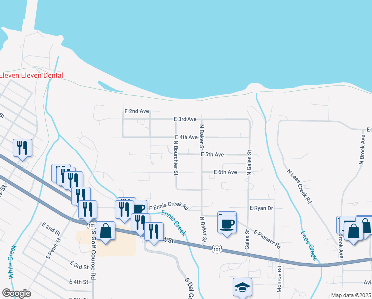 map of restaurants, bars, coffee shops, grocery stores, and more near 2221 East 5th Avenue in Port Angeles