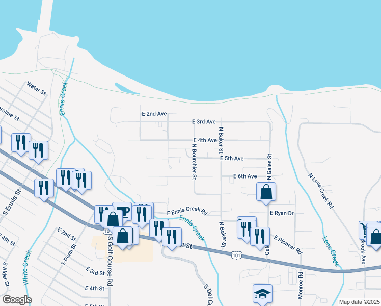 map of restaurants, bars, coffee shops, grocery stores, and more near 2129 E 5th Ave in Port Angeles