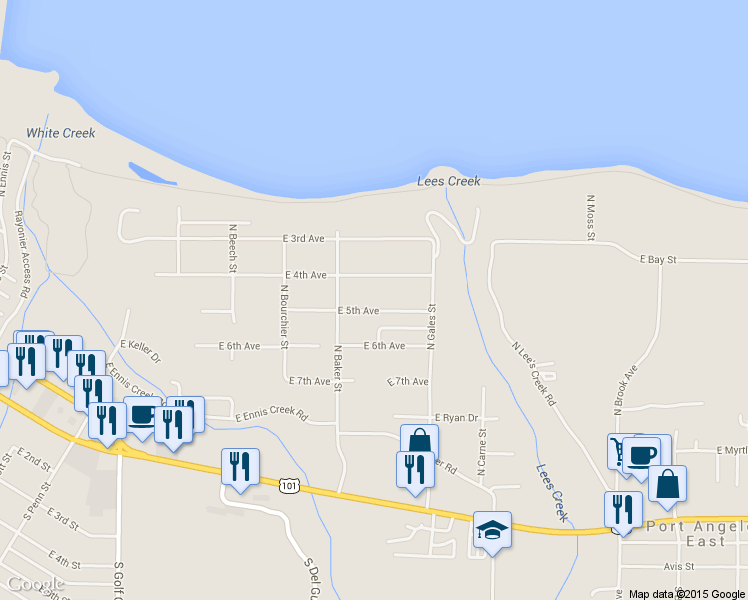 map of restaurants, bars, coffee shops, grocery stores, and more near 2331 E 5th Ave in Port Angeles