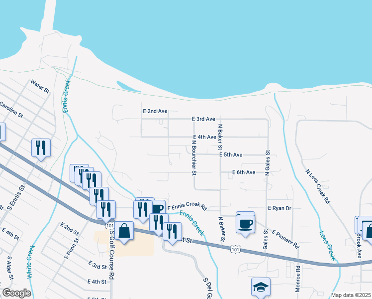 map of restaurants, bars, coffee shops, grocery stores, and more near 2129 E 5th Ave in Port Angeles