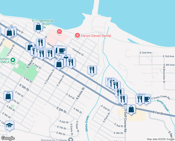 map of restaurants, bars, coffee shops, grocery stores, and more near 1318 Georgiana Street in Port Angeles