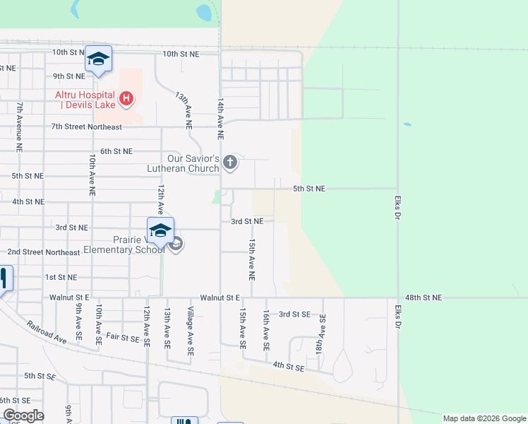 map of restaurants, bars, coffee shops, grocery stores, and more near 317 16th Avenue Northeast in Devils Lake