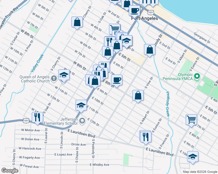 map of restaurants, bars, coffee shops, grocery stores, and more near 225 East 9th Street in Port Angeles