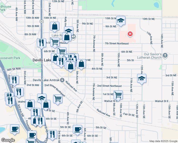 map of restaurants, bars, coffee shops, grocery stores, and more near 302 7th Avenue Northeast in Devils Lake