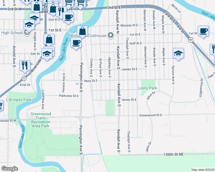 map of restaurants, bars, coffee shops, grocery stores, and more near 703 Markley Avenue South in Thief River Falls