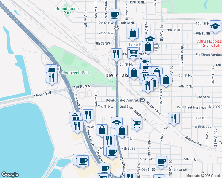 map of restaurants, bars, coffee shops, grocery stores, and more near 300-348 2nd Avenue Northwest in Devils Lake