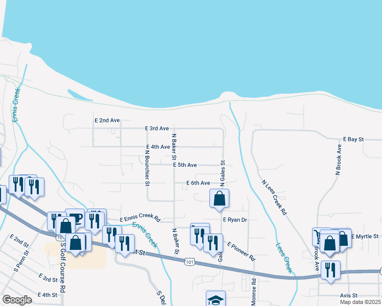 map of restaurants, bars, coffee shops, grocery stores, and more near 2331 East 5th Avenue in Port Angeles
