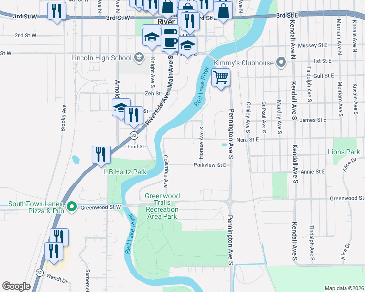 map of restaurants, bars, coffee shops, grocery stores, and more near 111 Parkview Street East in Thief River Falls