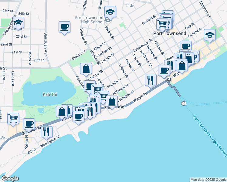 map of restaurants, bars, coffee shops, grocery stores, and more near 1941 Jefferson Street in Port Townsend