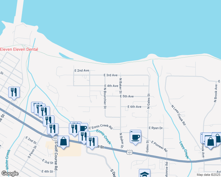 map of restaurants, bars, coffee shops, grocery stores, and more near 2221 East 5th Avenue in Port Angeles