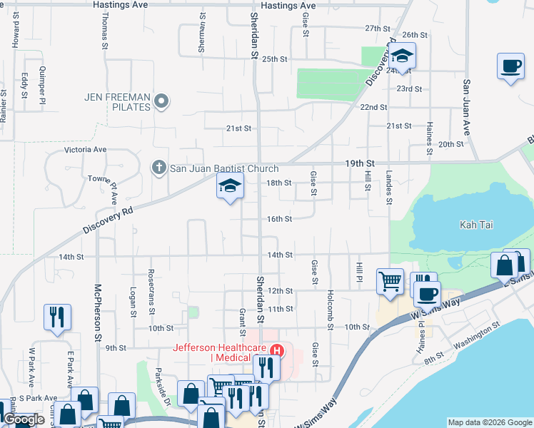 map of restaurants, bars, coffee shops, grocery stores, and more near 1510 Sheridan Street in Port Townsend