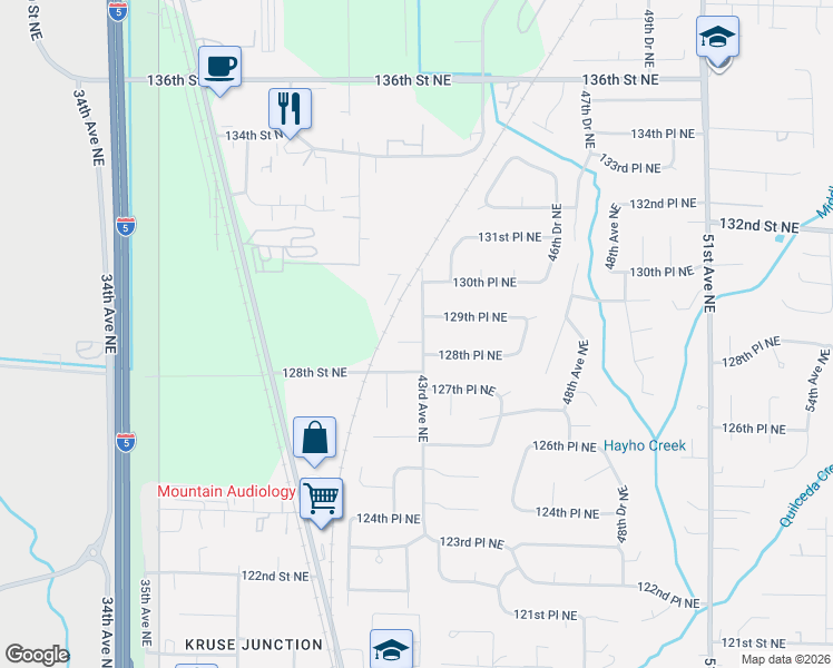 map of restaurants, bars, coffee shops, grocery stores, and more near 12924 43rd Avenue Northeast in Marysville