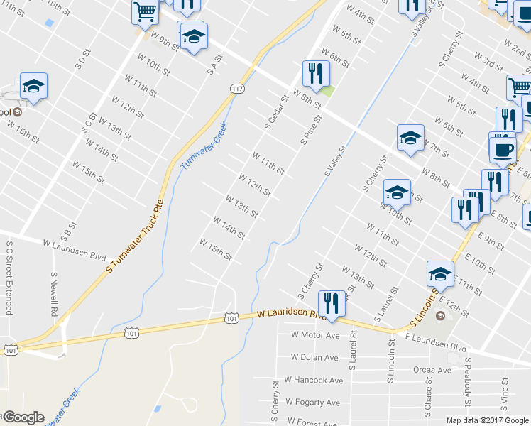 map of restaurants, bars, coffee shops, grocery stores, and more near 437 West 13th Street in Port Angeles