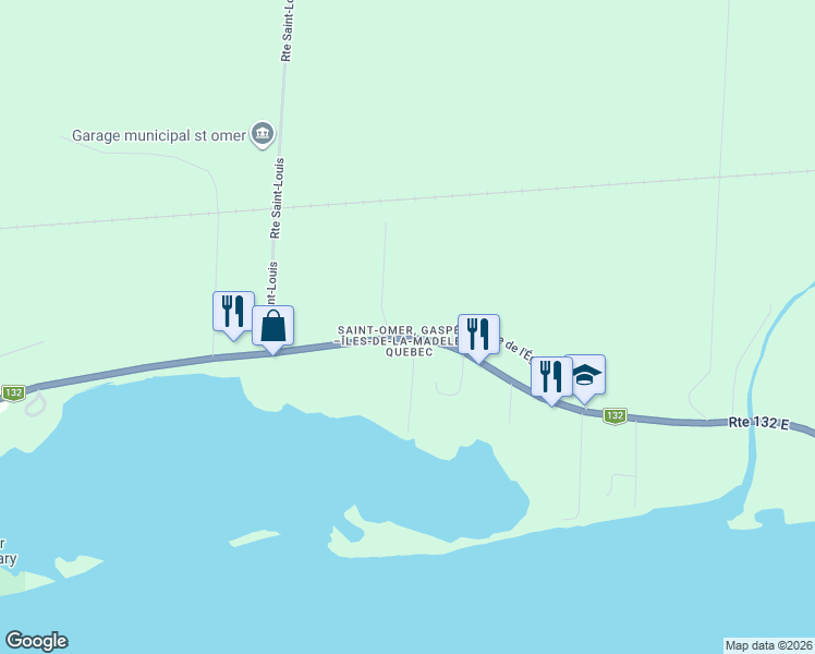 map of restaurants, bars, coffee shops, grocery stores, and more near 136 Route 132 Ouest in Carleton-sur-Mer
