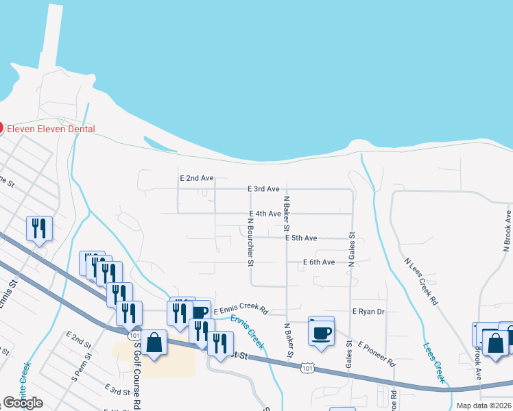 map of restaurants, bars, coffee shops, grocery stores, and more near 2222 East 3rd Avenue in Port Angeles