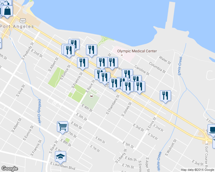 map of restaurants, bars, coffee shops, grocery stores, and more near 115 South Washington Street in Port Angeles