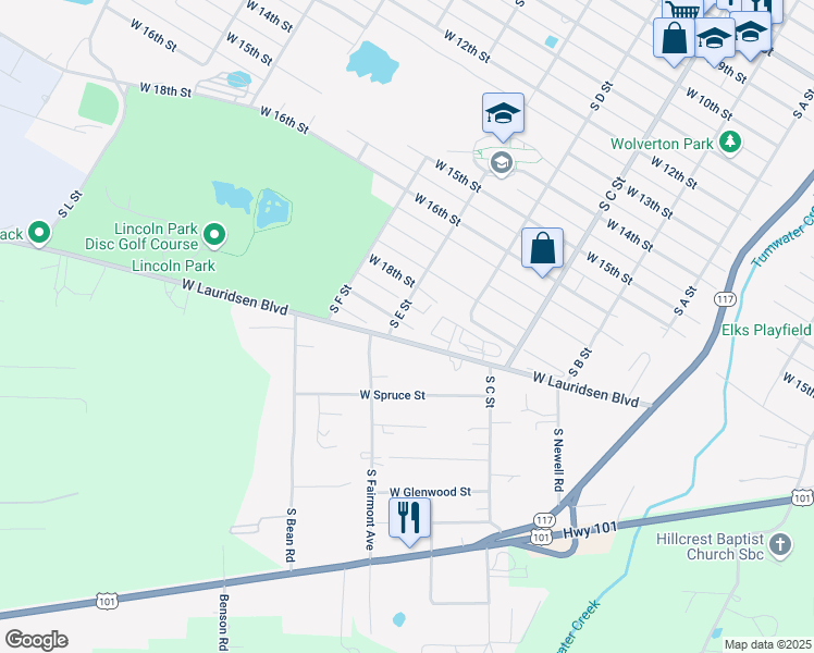 map of restaurants, bars, coffee shops, grocery stores, and more near 1136 West 19th Street in Port Angeles